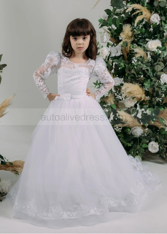 White Lace Tulle Corset Back Flower Girl Dress